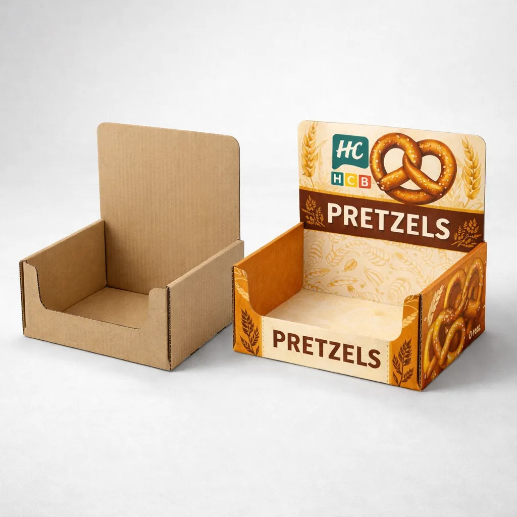 Retail counter display boxes featuring a header with a product illustration and colourful medicinal-style branding. class=